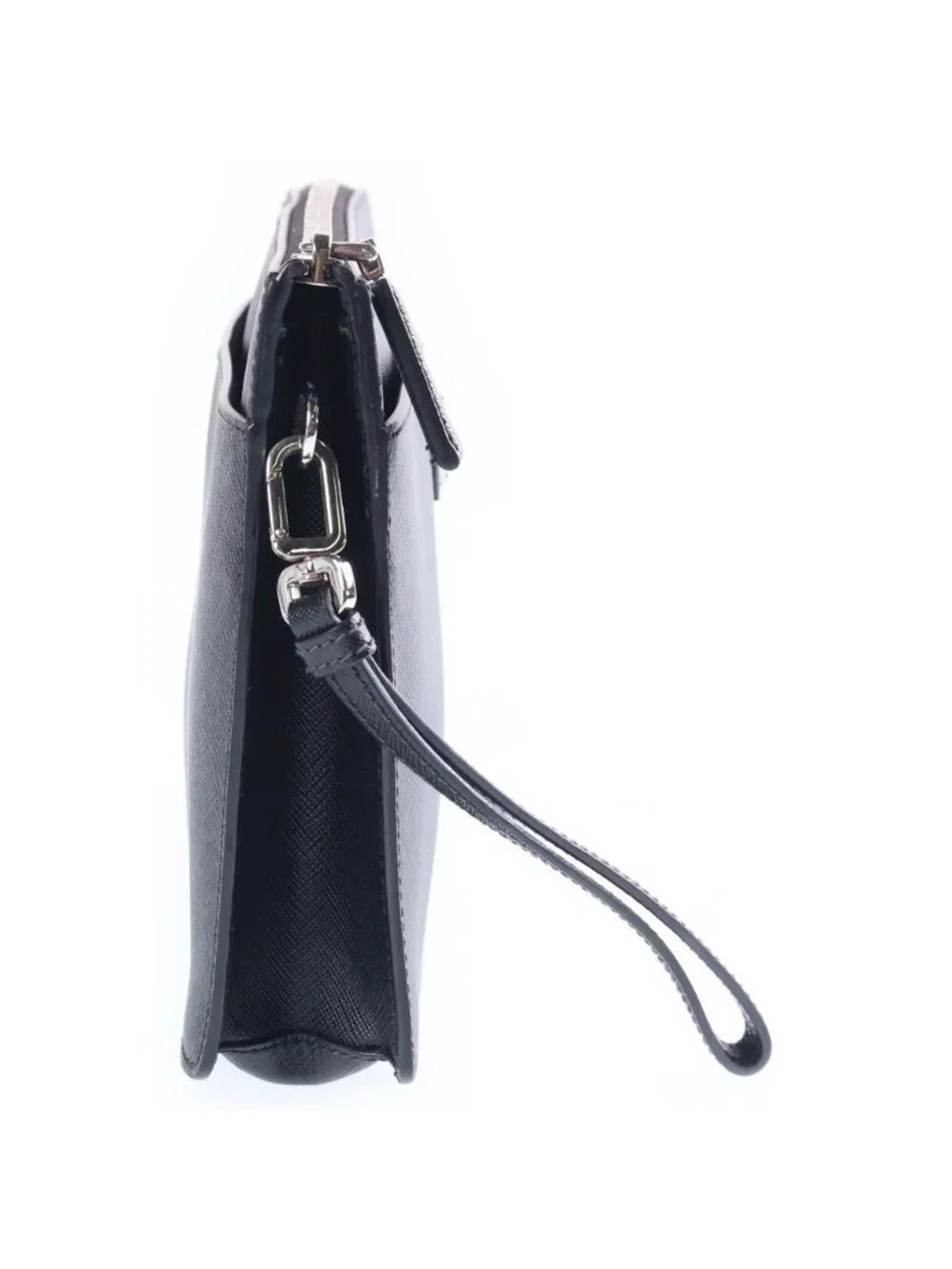 Prada Saffiano Clutch Pouch Black Leather Silver
